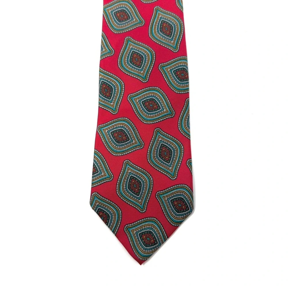 Crowleys Private Stock Red 100% Silk Tie‎ Paisley Diamond Pattern Handmade Men's
